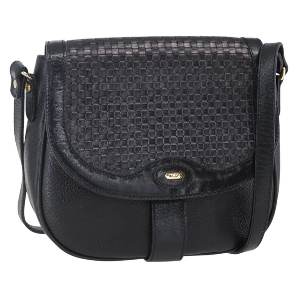 Authentic BALLY Shoulder Bag Leather Black Gold